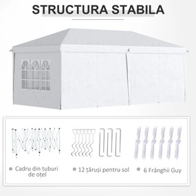 Outsunny Cort 6x3 m pliabil din otel si material Oxford, cort pentru gradina cu 6 pereti laterali, franghii si carlige, alb