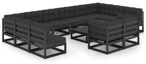 Set mobilier grădină cu perne, 13 piese, negru, lemn masiv pin