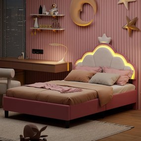 PARC206 - Pat tapitat cu LED, 90 / 140 x 200 cm - patut copii, fetite - Piele ecologica Roz