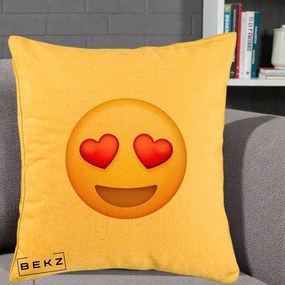 Perna Decorativa Emoji Inimi in Ochi, 40x40 cm, Galben, Husa Detasabila, Perna Inclusa, BEKZ®