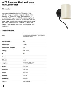 Aplica cu reader LED moderna design elegant LUPE negru/bej