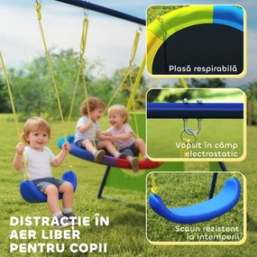 AIYAPLAY Set Leagăne de Grădină 4-în-1 pentru Copii cu Leagăne Duble, Coș de Baschet, Poartă de Fotbal, Cadru Metalic în Formă de A, Capacitate 150 kg, pentru Exterior, 3-8 Ani, 288x160x220 cm | Aosom Romania