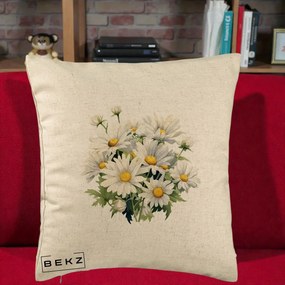 Perna Decorativa Buchet Margarete Albe Acuarela, 40x40 cm, Bej, Husa Detasabila, Perna Inclusa, BEKZ®