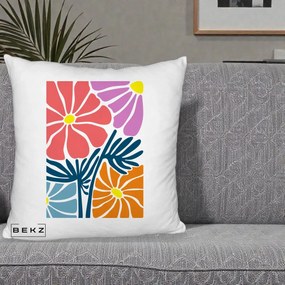 Perna Decorativa Flori Grafice Roz-Orange-Albastru, 40x40 cm, Alb Pufos, Husa Detasabila, Perna Inclusa, BEKZ®
