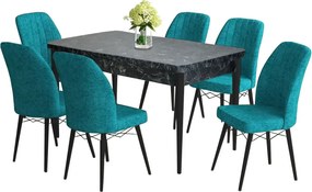 Set masa extensibila negru marmorat cu 6 scaune tapitate Cargold Turcoaz
