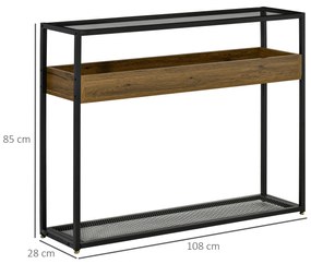 HOMCOM Masa Consola pentru Intrare in Stil Industrial, Blat din Sticla, Cadru  din Otel si Lemn, Masuta pentru Living si Sufragerie, Maro Rustic