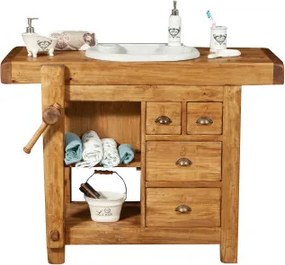 Mobilier de baie, L116 63 H90 cm, 4 sertare, natur, lemn masiv, chiuveta din marmura