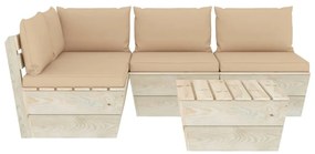 Set mobilier gradina din paleti cu perne, 5 piese, lemn molid Bej, colt + 3x mijloc + masa, 1
