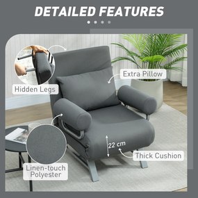 HOMCOM Fotoliu Pat 3 în 1 cu Spătar Reclinabil pe 5 Nivele, din Țesătură Efect de In, 73x78x81 cm, Gri Închis | Aosom Romania