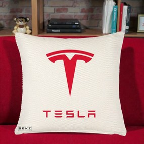 Perna Personalizata cu emblema Tesla, 40x40 cm, Crem Reliefat, Husa Detasabila, Perna Inclusa, BEKZ®