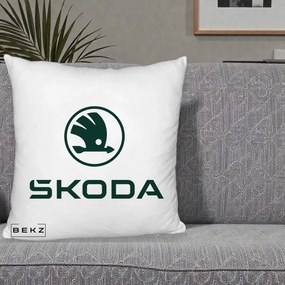 Perna Personalizata cu emblema Skoda, 40x40 cm, Alb Pufos, Husa Detasabila, Perna Inclusa, BEKZ®