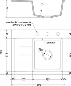 Mexen Ben chiuvetă granit cu 1 compartiment și scurgător, dreapta 600 x 500 mm, alb, sifon auriu - 6523605000-20-G