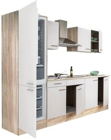 Mobilă de bucătărie Yorki 270, corp din stejar sonoma, față alb satinat, frigider cu congelator în partea de jos