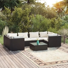 Set mobilier de gradina cu perne, 7 piese, negru, poliratan negru si crem, 4x colt + 2x mijloc + masa, 1