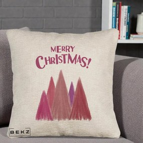 Perna Decorativa Merry Christmas Brazi Roz, 40x40 cm, Bej Canapea, Husa Detasabila, Perna Inclusa, BEKZ®