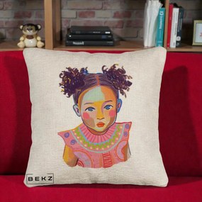 Perna Decorativa Fetita Vesela Portret Colorat, 40x40 cm, Bej Canapea, Husa Detasabila, Perna Inclusa, BEKZ®