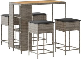 vidaXL Set mobilier bar de grădină, cu perne, 5 piese, gri, poliratan