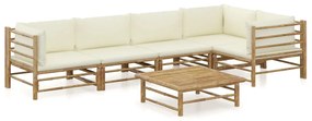 Set mobilier de gradina, 6 piese, perne alb crem, bambus Crem, 2x mijloc + 3x colt + masa, 1