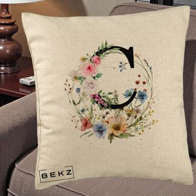 Cadou Personalizat - Perna Personalizata Monogram Litera C cu Flori Acuarela, 40x40 cm, Bej, Husa Detasabila, Perna Inclusa, BEKZ®