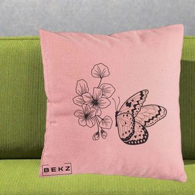 Perna Decorativa Fluture si Flori Linie Monocroma, 40x40 cm, Roz, Husa Detasabila, Perna Inclusa, BEKZ®