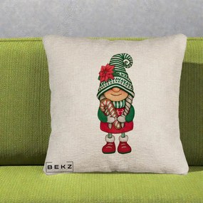 Perna Decorativa Gnom Craciun Verde cu Bomboane si Floare, 40x40 cm, Bej Canapea, Husa Detasabila, Perna Inclusa, BEKZ®