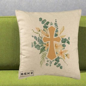 Perna Personalizata Cruce Florala Botez, 40x40 cm, Bej, Husa Detasabila, Perna Inclusa, BEKZ®