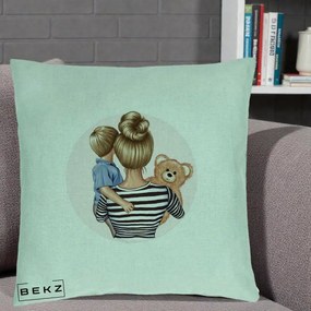 Cadou pentru Mama - Perna Personalizata Mama si Baietelul cu Ursulet, 40x40 cm, Verde Menta, Husa Detasabila, Perna Inclusa, BEKZ®