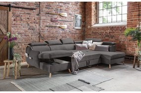 Colțar gri închis extensibil cu tapițerie din catifea (cu colț pe partea dreaptă/în formă de "U") Sweet Harmony – Miuform