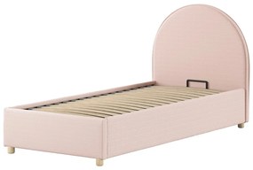 Pat tapițat pentru copii MOON, 90 x 200 cm, roz, cu țesătură bouclé și spațiu de depozitare – Vipack