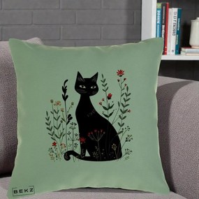 Perna Decorativa Pisica Neagra Botanica Rosu-Gri, 40x40 cm, Verde, Husa Detasabila, Perna Inclusa, BEKZ®