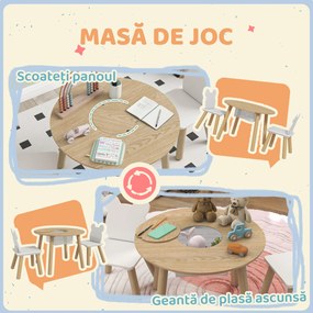 AIYAPLAY Set cu Masă și 2 Scaune pentru Copii cu Spătar în Formă de Ursuleț, Masă cu Spațiu de Depozitare, Alb și Lemn | Aosom Romania