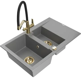 Mexen Gaspar Chiuvetă de granit de 1,5 compartiment cu picurător și baterie de bucătărie Duo, Gri - 6507-71-671701-57-G