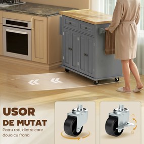 HOMCOM Căruț de Bucătărie cu 2 Sertare și 2 Dulapuri, Insulă de Bucătărie cu Blat din Lemn, 111x44,5x82,5 cm, Gri | Aosom Romania