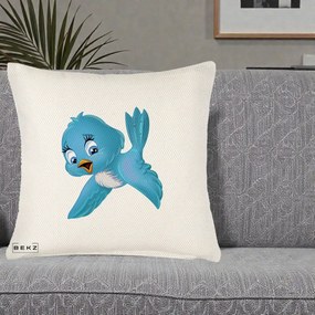 Perna Decorativa Pui de Pasare Albastru, 40x40 cm, Crem Reliefat, Husa Detasabila, Perna Inclusa, BEKZ®