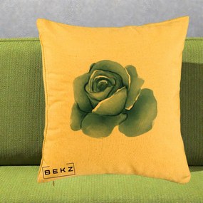 Perna Decorativa Trandafir Albastru Acuarela, 40x40 cm, Galben, Husa Detasabila, Perna Inclusa, BEKZ®