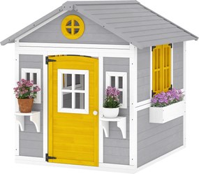 Outsunny Căsuță pentru Copii din Lemn, Exterior și Interior, cu Ușă, Ferestre, Jardiniere și Suporturi pentru Flori, Gri | Aosom Romania