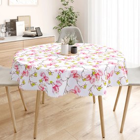 Goldea față de masă teflonată - magnolii roz - rotundă Ø 110 cm