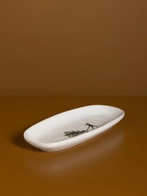 Platou de servire din ceramică albă, formă ovală, cu motive de iarnă pictate manual, 2,5 × 25 × 11.5 cm, „Slalom"