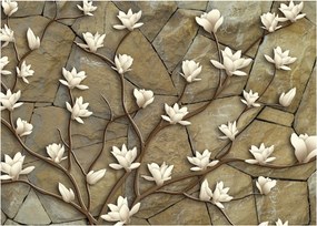 Tablou pe sticlă - Magnolii albe pe zidărie de piatră (70x50 cm)
