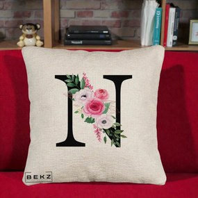 Cadou Personalizat - Perna Personalizata Monograma Florala Litera N, 40x40 cm, Bej Canapea, Husa Detasabila, Perna Inclusa, BEKZ®