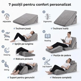 Perna sprijin inclinata reglabila 22-30 cm, memory foam, husa catifea lavabila, Gri