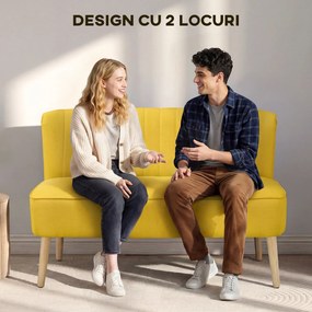 HOMCOM Canapea cu 2 Locuri din Țesătură, Fără Brațe, Canapea de Sufragerie cu Picioare din Lemn, 117x56,5x77 cm, Galben | Aosom Romania