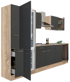 Mobilă de bucătărie Yorki 300, corp din stejar sonoma, față antracit satinat, frigider cu congelator în partea de jos