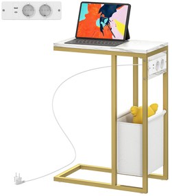 HOMCOM Masă auxiliară în formă de C cu stație de încărcare, buzunar de depozitare din material textil cu aspect marmură, 46 x 25 x 62,5 cm, alb | Aosom Romania