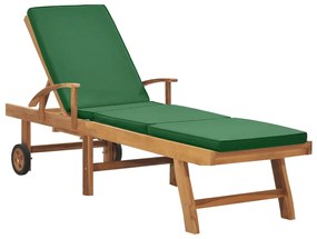 vidaXL Șezlong cu pernă, verde, lemn masiv de tec