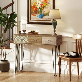 HOMCOM Masă console cu 3 sertare, masă de intrare îngustă cu picioare în formă de ac de păr din oțel, 90 x 30 x 75 cm, maro | Aosom Romania