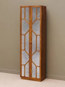 Bibliotecă cu uși vintage din lemn de mango, maro, cu 4 rafturi, 2 uși cu oglinzi antichizate și model geometric, 195 x 60 x 33 cm, „Odette”