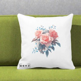 Perna Decorativa Trandafiri Roz cu Floricele Albastre, 40x40 cm, Alba Mata, Husa Detasabila, Perna Inclusa, BEKZ®