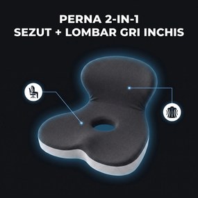 Perna ortopedica 2-in-1 sezut si suport lombar, forma L, memory foam, Gri Inchis