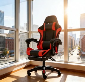 Scaun gaming, Masaj în perna lombară, Rabatabil 90-145°, Suport picioare, piele PU, Negru/Rosu